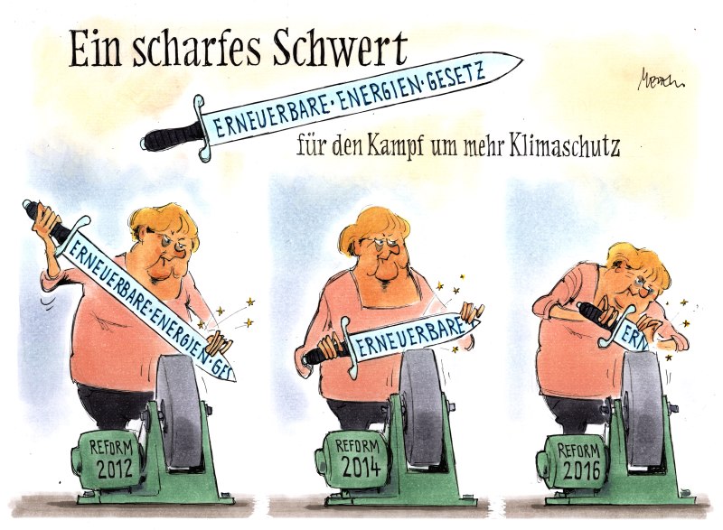 Karikatur Merkel verkürzt das scharfe Schwert EEG