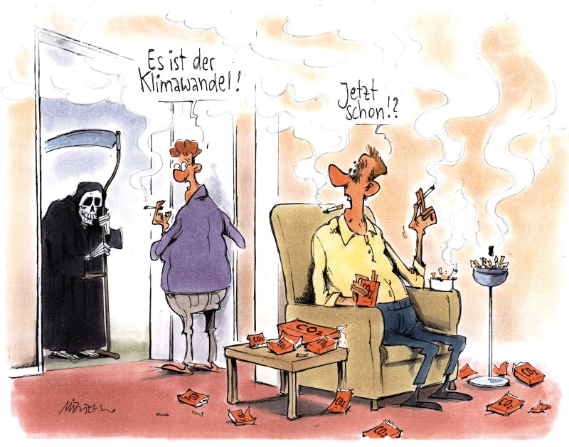 Karikatur Klimawandel vor der Tür Sensenmann