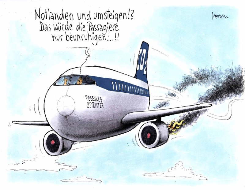 Karikatur Notlandung Flugzeug Fossil